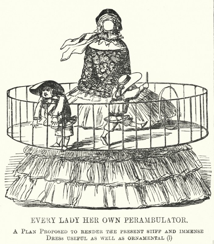 Soco cartoon: Every Lady Her Own Perambulator - a moda para saias de cesto de senhora (gravura) de English School