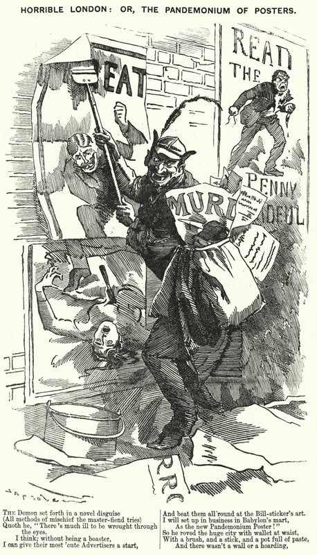 Soco cartoon: Horrível Londres: ou, o Pandemônio dos Cartazes - Londres na época dos assassinatos de Jack, o Estripador (gravura) de English School