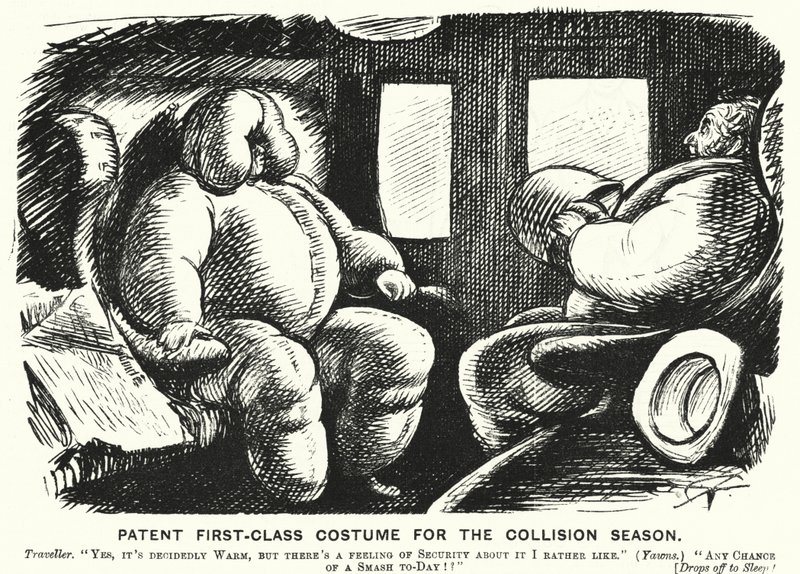Soco cartoon: Traje de primeira classe patente para a época de colisão - segurança nos caminhos-de-ferro (gravura) de English School