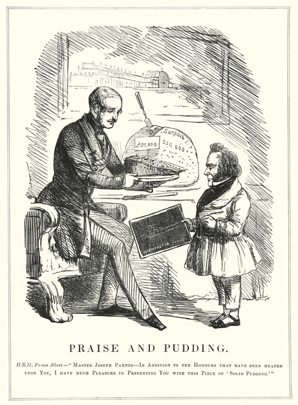 Soco cartoon: Louvor e Pudim: Príncipe Alberto premiando Joseph Paxton por projetar o Palácio de Cristal para abrigar a bem sucedida Grande Exposição de 1851 em Hyde Park, Londres (gravura) de English School
