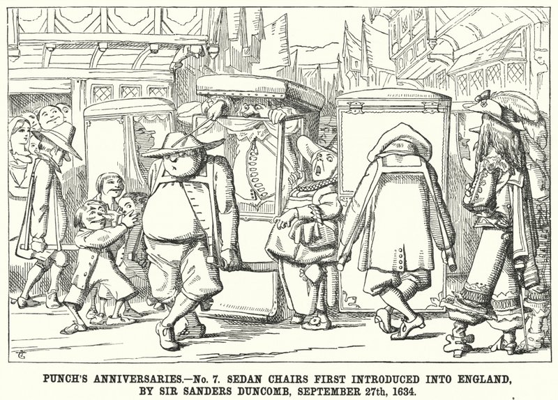 Soco cartoon: Aniversários de socos - Nº 7. Sedan Chairs First Introduced into England, por Sir Sanders Duncomb, 27 de Setembro de English School
