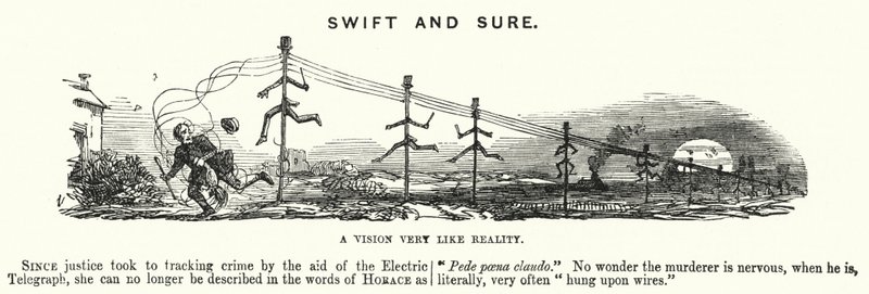 Soco cartoon: Swift and Sure - o uso da telegrafia elétrica no rastreamento de crimes (gravura) de English School