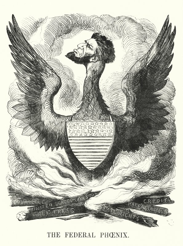 Soco cartoon: The Federal Phoenix - A reeleição de Abraham Lincoln nas eleições presidenciais americanas de 1864 (gravura) de English School