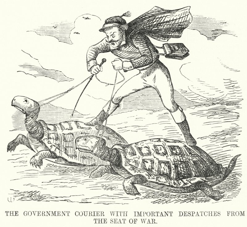 Soco cartoon: O Correio do Governo com Despachos Importantes do Sede da Guerra (gravura) de English School