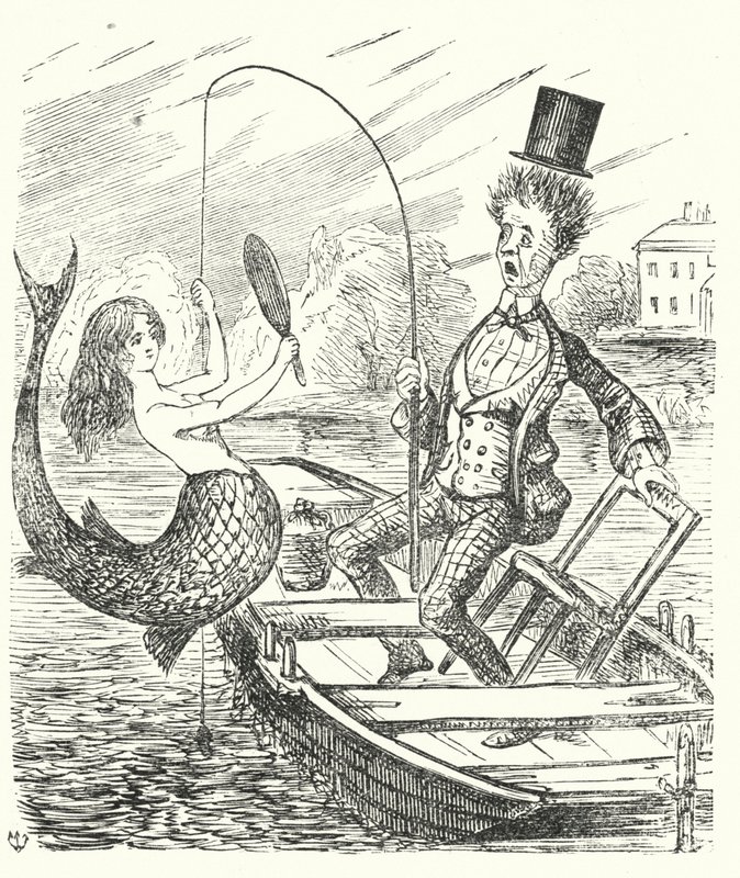 Punch cartoon: pescador apanhando uma sereia (gravura) de English School