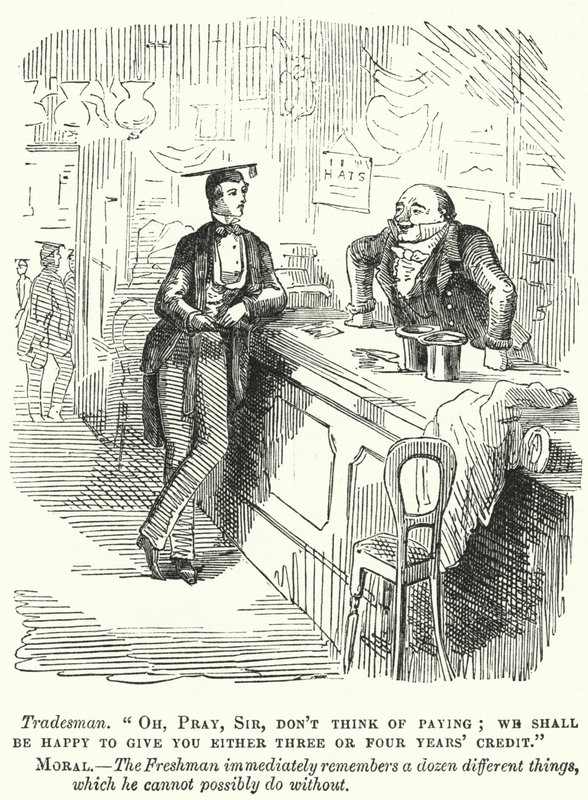 Punch cartoon: estudante universitário caloiro a negociar com um lojista (gravura) de English School