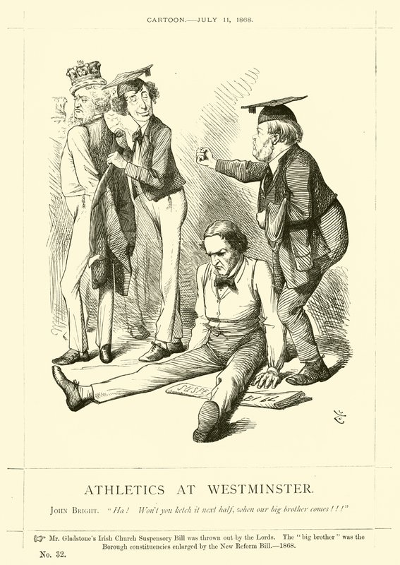 Soco de banda desenhada sobre o John Bright: Atletismo em Westminster de English School
