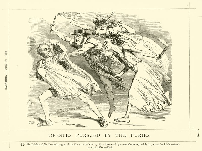 Soco de banda desenhada sobre o John Bright: Orestes perseguido pelas Fúrias de English School