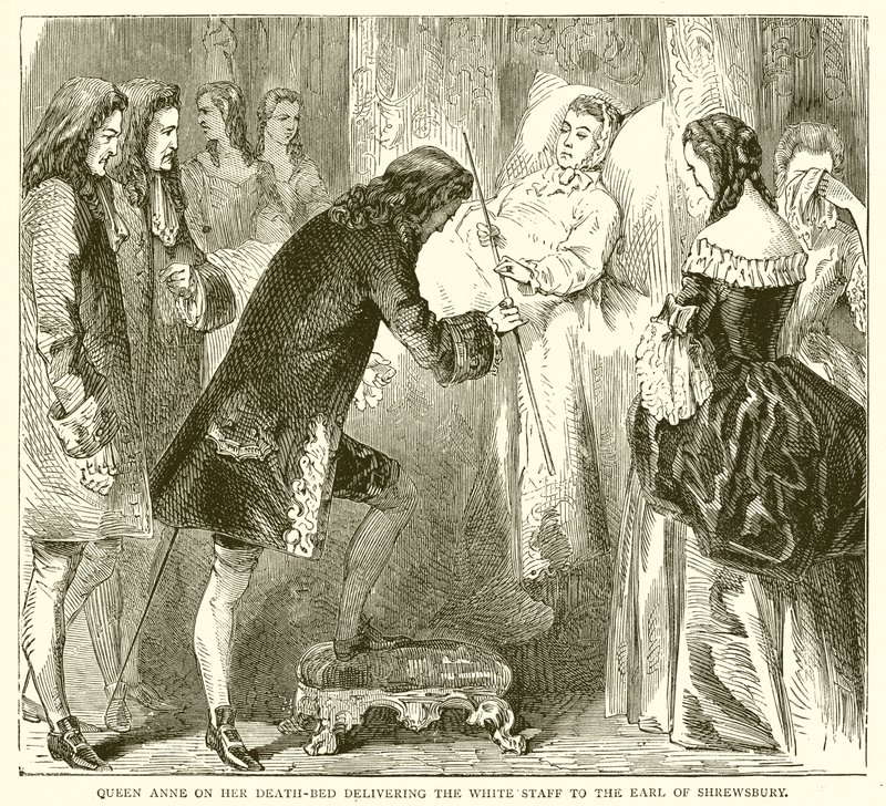 Rainha Anne em seu leito de morte entregando o cajado branco ao conde de Shrewsbury de English School