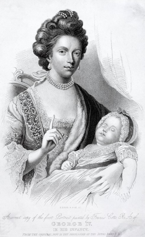 Rainha Charlotte, Consorte do Rei Jorge III, com o seu filho bebé, o futuro Príncipe Regente e Rei Jorge IV de English School