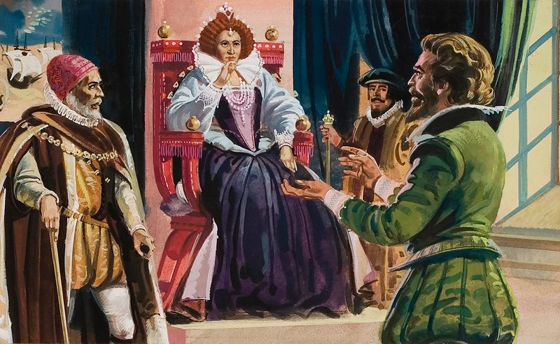 Rainha Isabel I (1533-1603) e Sir Francis Drake (1540-96) (guache sobre papel) de English School