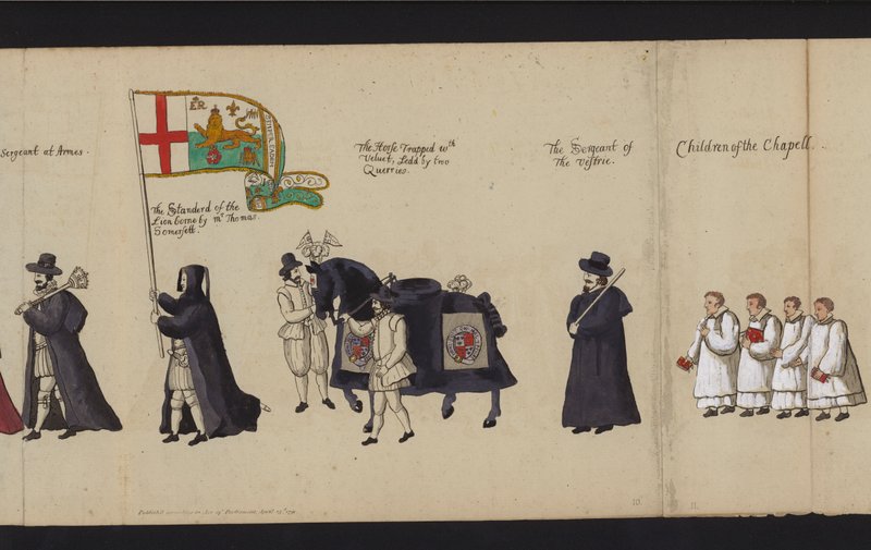 Procissão Funerária da Rainha Elizabeth I (gravura colorida) de English School