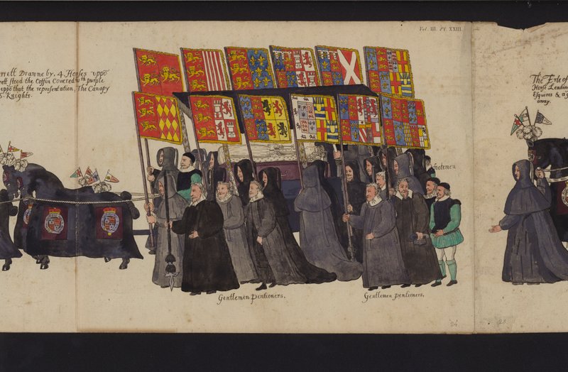 Procissão Funerária da Rainha Elizabeth I (gravura colorida) de English School