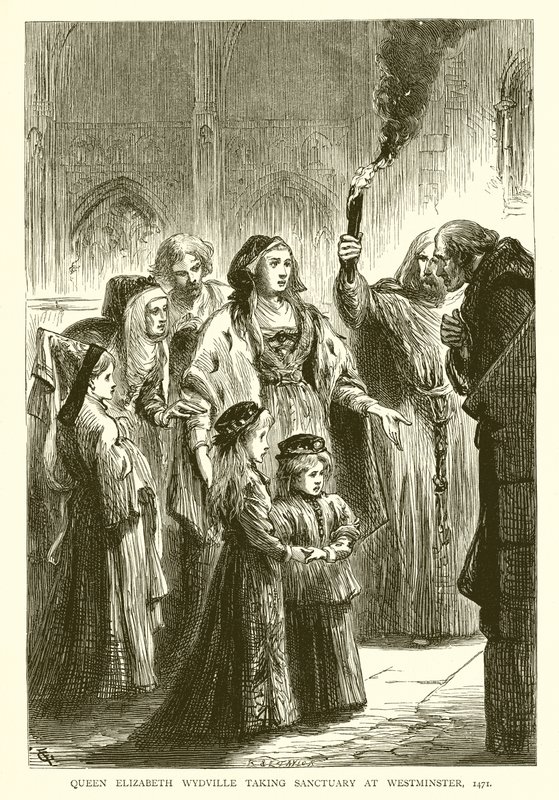 Rainha Elizabeth Wydville tomando Sanctuary em Westminster, 1471 de English School