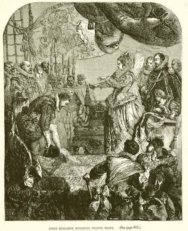 Rainha Elizabeth cavaleiro Francis Drake de English School