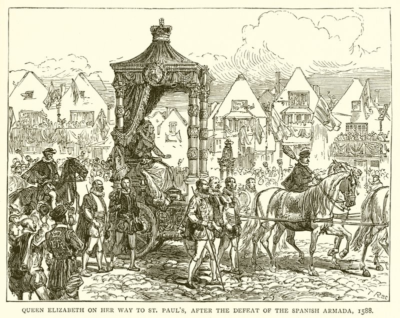 Rainha Elizabeth em seu caminho para St. Pauls, após a derrota da armada espanhola, 1588 de English School