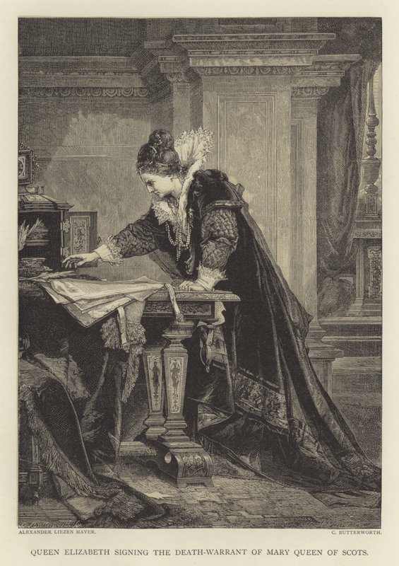 Rainha Elizabeth assinando a sentença de morte de Mary Queen of Scots de English School