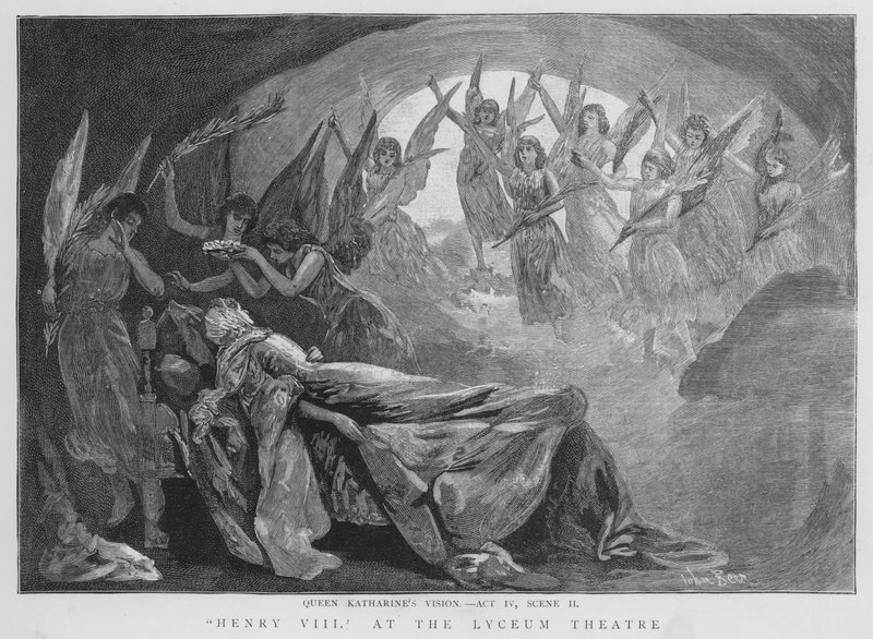 A visão da Rainha Katherine, cena de uma produção de Henrique VIII de Shakespeare no Lyceum Theatre, Londres (litho) de English School
