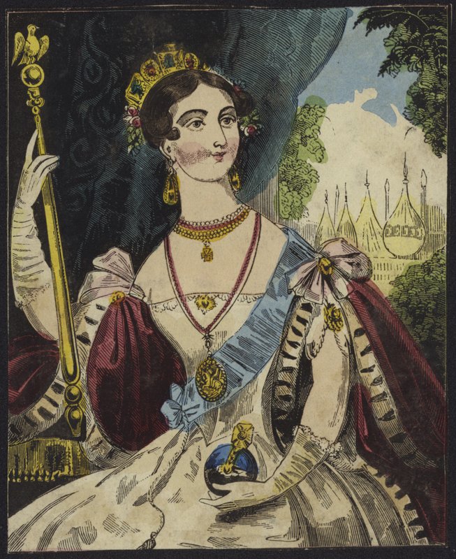 Rainha Vitória segurando um orbe e cetro (gravura de cor) de English School