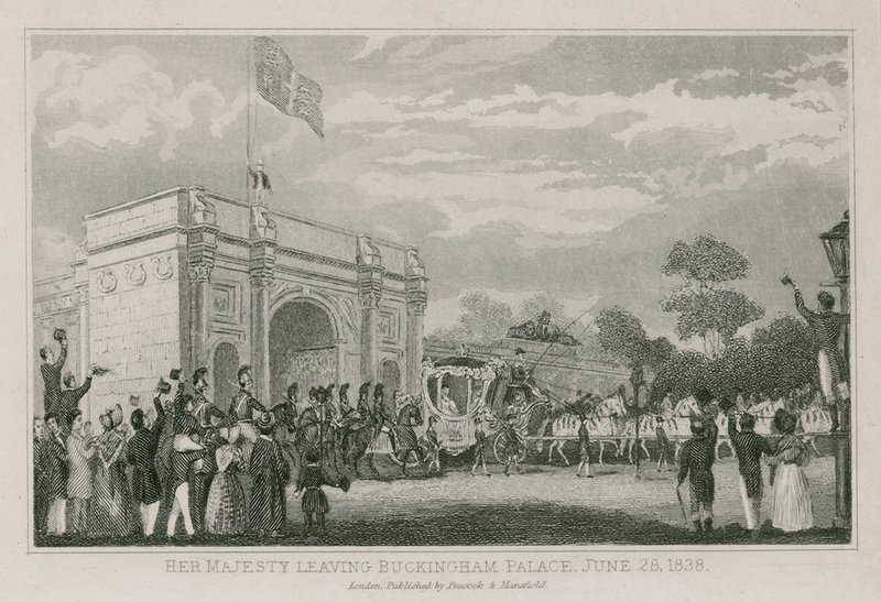 Rainha Vitória saindo do Palácio de Buckingham, 28 de junho de 1838 de English School