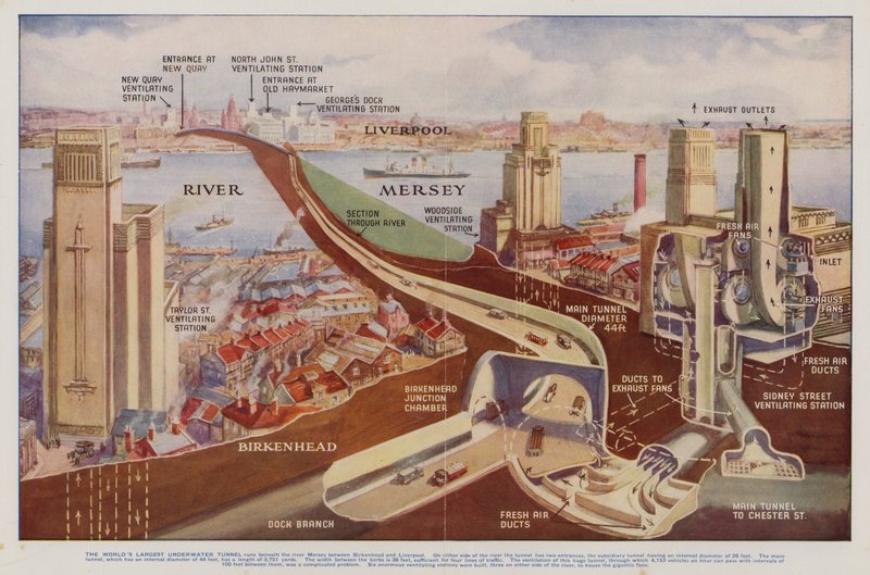 Queensway Tunnel, Liverpool, Merseyside (cor litho) de English School