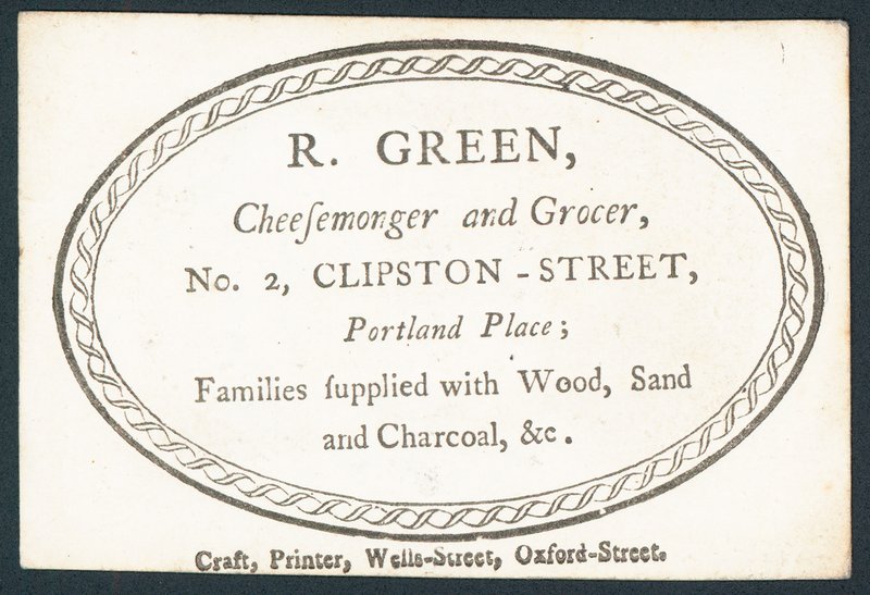 R Green, cheesemonger e merceeiro, cartão de comércio de English School