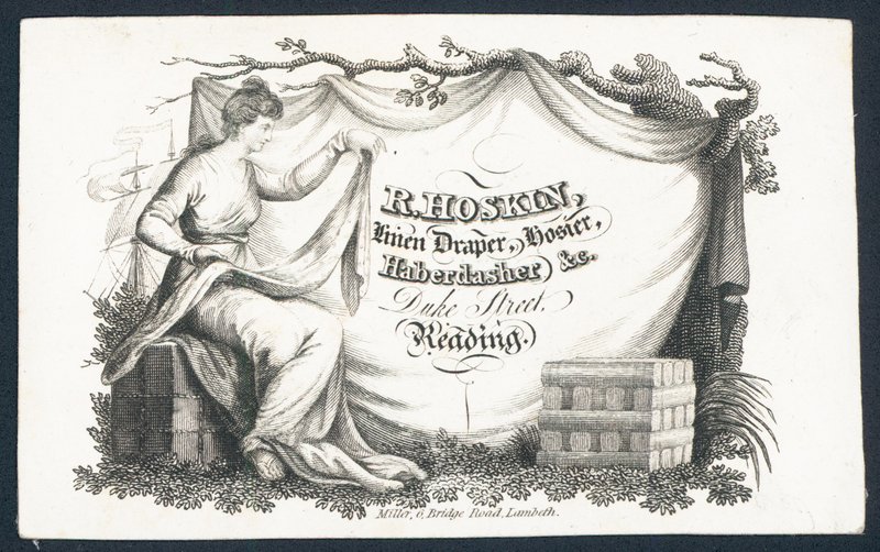 R Hoskin, cortina de linho, meias, armarinho, cartão comercial de English School
