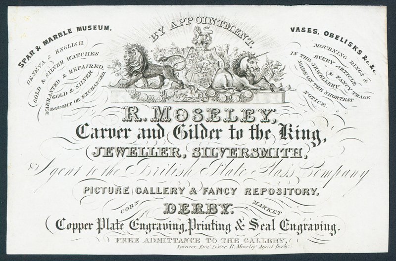 R Moseley, escultor e dourador para o rei, cartão de comércio de English School