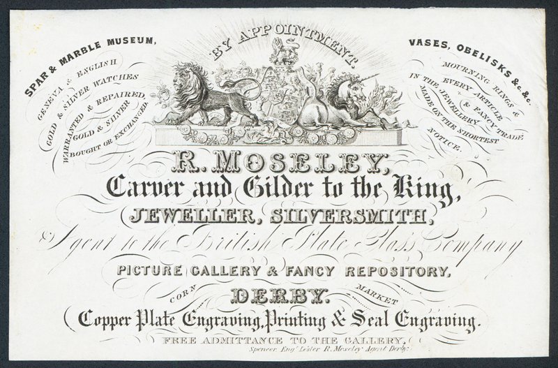 R Moseley, escultor e dourador para o rei, cartão de comércio de English School
