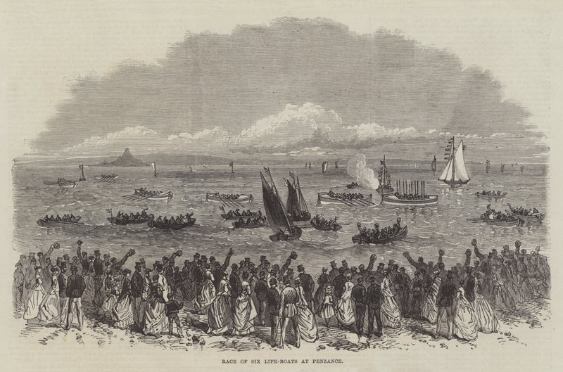 Corrida de Seis Barcos Salva-Vidas em Penzance (gravura) de English School