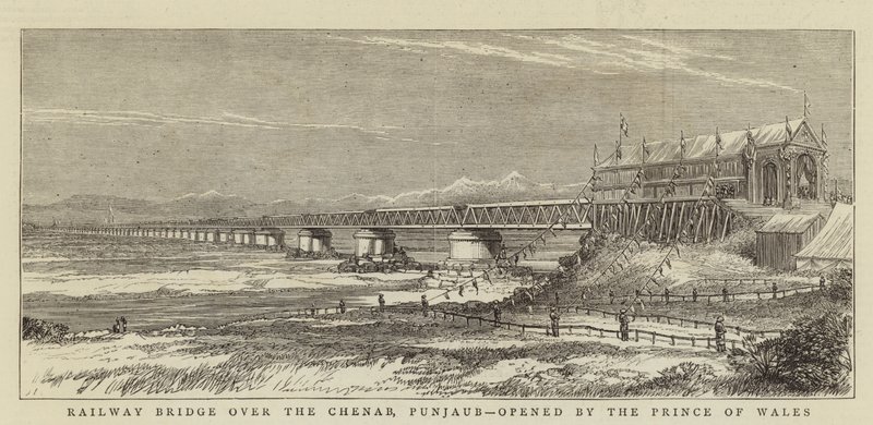 Ponte Ferroviária sobre o Chenab, Punjaub, aberta pelo Príncipe de Gales (gravura) de English School