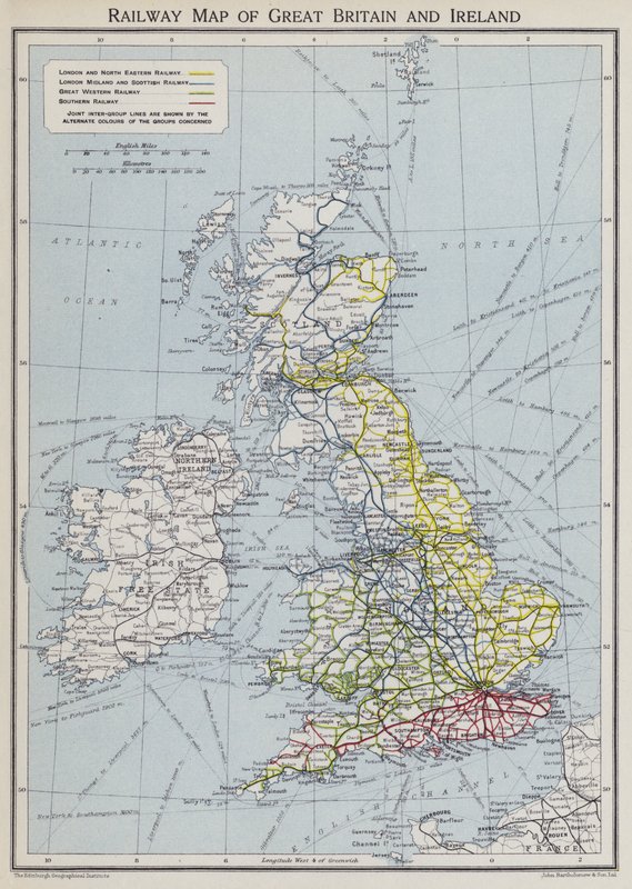 Mapa ferroviário da Grã-Bretanha e da Irlanda (litografia a cores) de English School