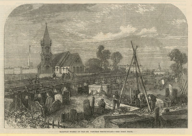 Obras ferroviárias no adro da igreja de Old St Pancras (gravura) de English School