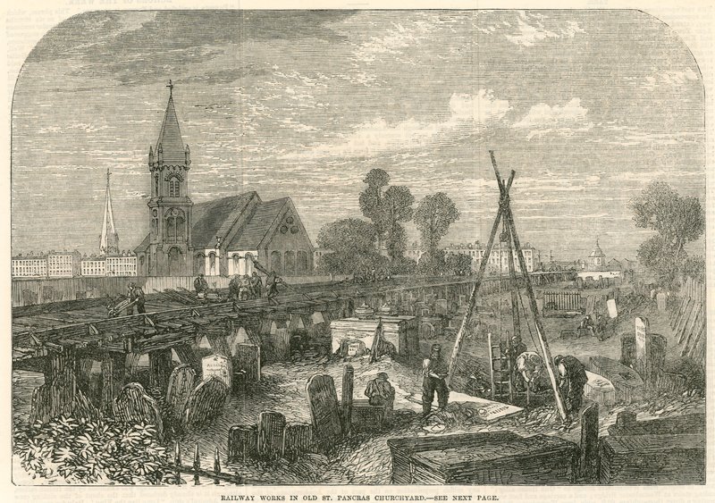 Obras ferroviárias no Old St Pancras Churchyard, Londres de English School
