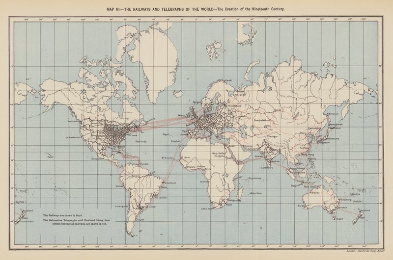 Caminhos-de-ferro e telégrafos do mundo, a criação do século XIX (litografia a cores) de English School