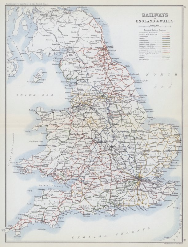 Caminhos-de-ferro de Inglaterra e do País de Gales (litografia a cores) de English School