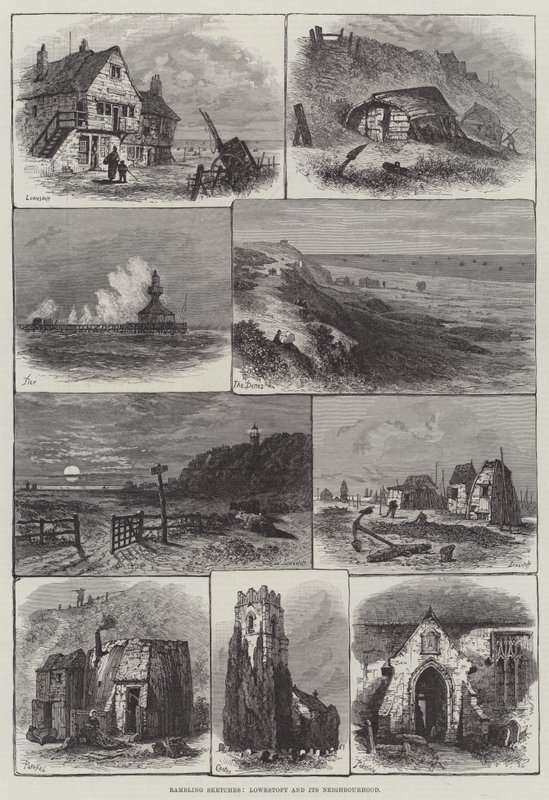 Esboços de Rambling Sketches, Lowestoft e seu Bairro (gravura) de English School