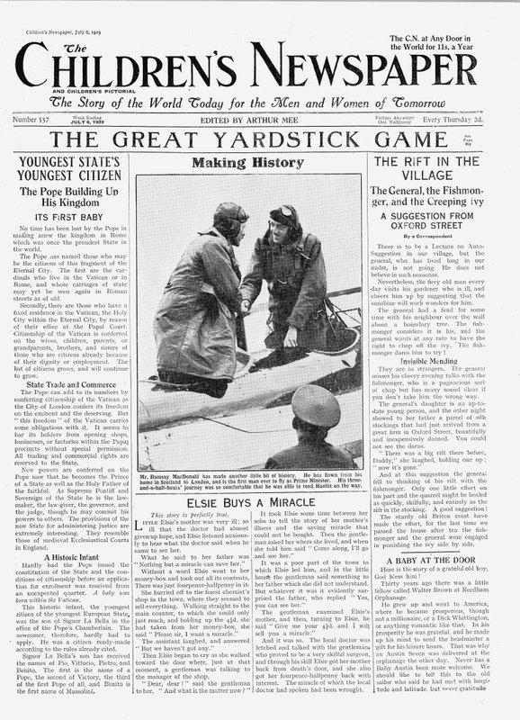 Ramsay MacDonald, o primeiro homem a voar como primeiro-ministro, primeira página do &39;The Children&39;s Newspaper&39;, julho de 1929 (papel de jornal) de English School