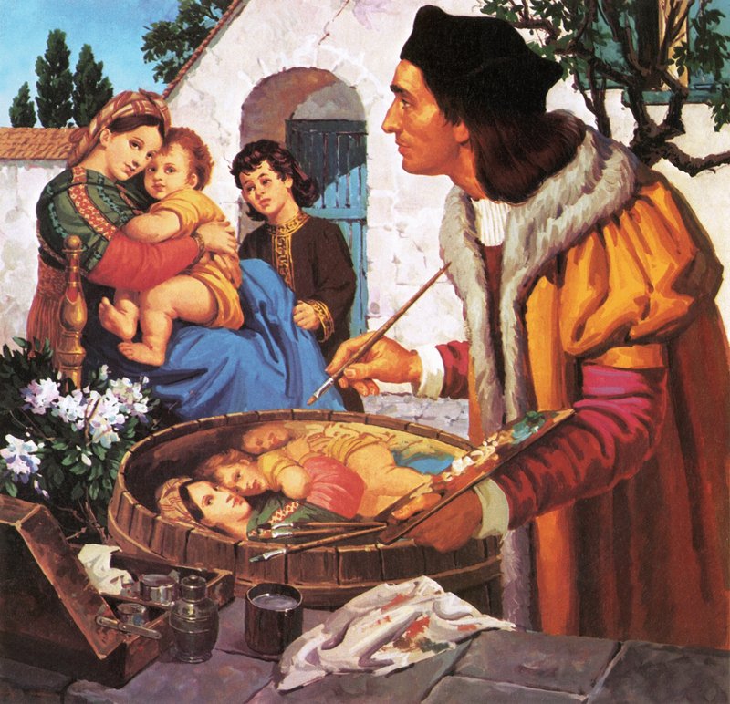 Raphael pintando madonna e criança no topo de um barril de vinho de English School