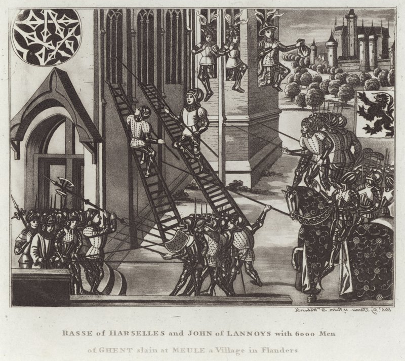 Rasse de Harselles e John de Lannoys com 6000 homens de Ghent mortos em Meule uma aldeia em Flandres de English School