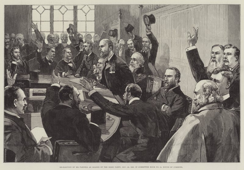 Reeleição do Sr. Parnell como Líder do Partido Irlandês, em 25 de novembro de 1890, na Sala 15 do Comitê, Câmara dos Comuns. de English School