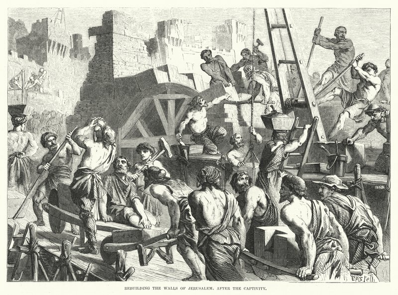 Reconstrução dos Muros de Jerusalém, depois do Cativeiro (gravura) de English School