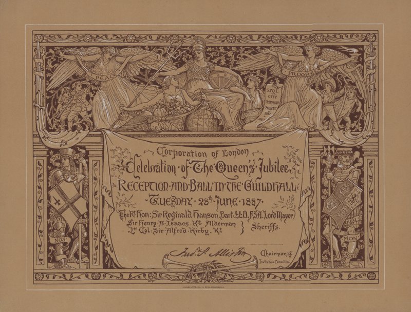 Receção e baile para celebrar o Jubileu de Ouro da Rainha Vitória no Guildhall, na cidade de Londres, em 28 de junho de 1887 (litografia) de English School