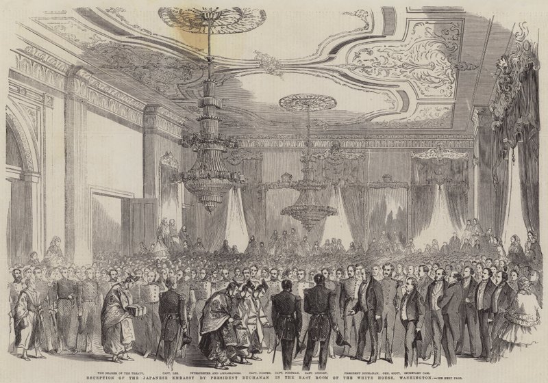 Recepção da Embaixada do Japão pelo Presidente Buchanan na Sala Leste da Casa Branca, Washington (gravura) de English School
