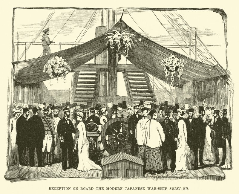 Recepção a bordo do moderno navio de guerra japonês Seiki, 1878 de English School