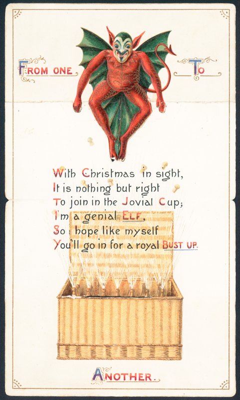 Diabo vermelho e cesta de vime, cartão de Natal de English School