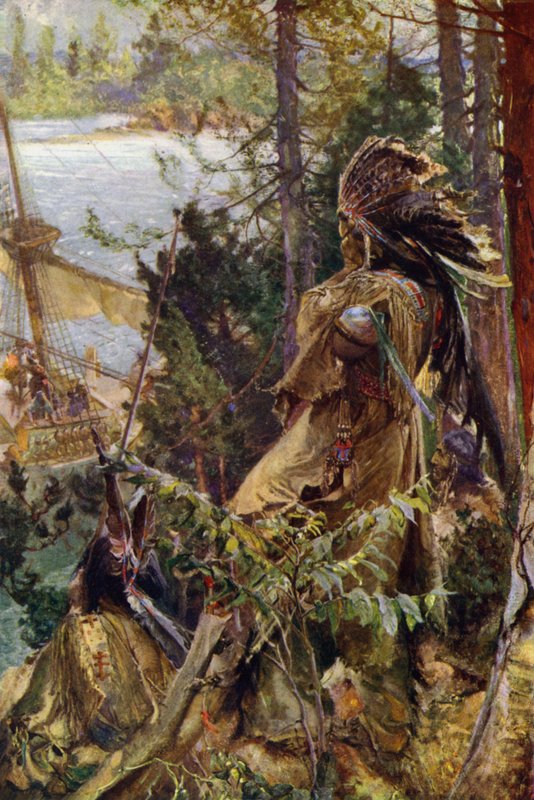 Índios vermelhos observam a chegada de um navio francês (litografia a cores) de English School