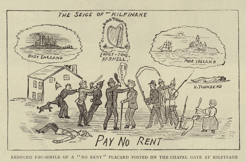 Fac-simile reduzido de um Placard "No Rent" colocado no Portão da Capela em Kilfinane (gravura) de English School
