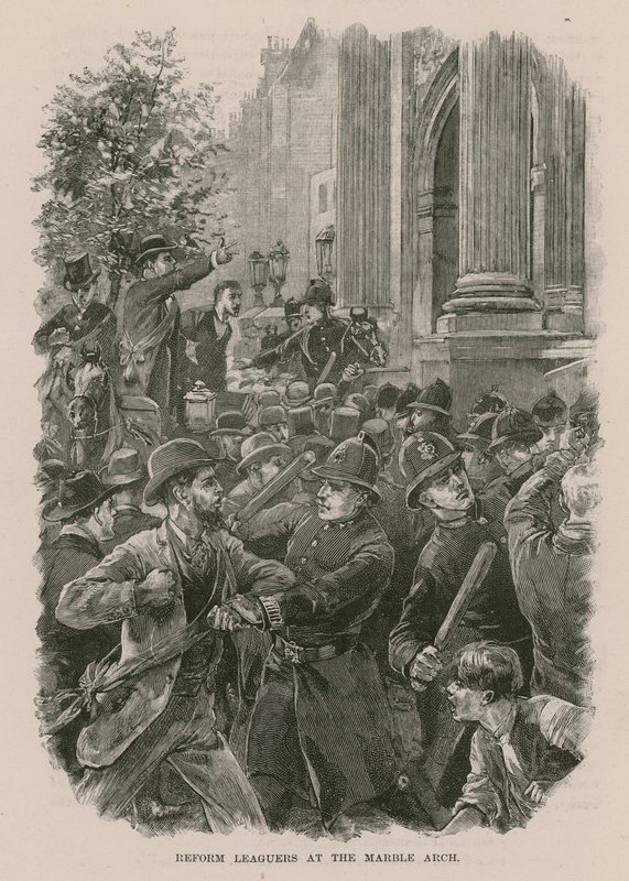 Manifestantes da Liga da Reforma no Marble Arch, Londres (gravura) de English School