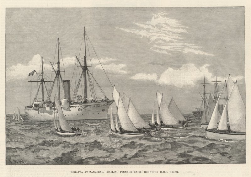 Regata em Zanzibar, Vela Pinnace Race, arredondamento HMS Brisk (gravação) de English School